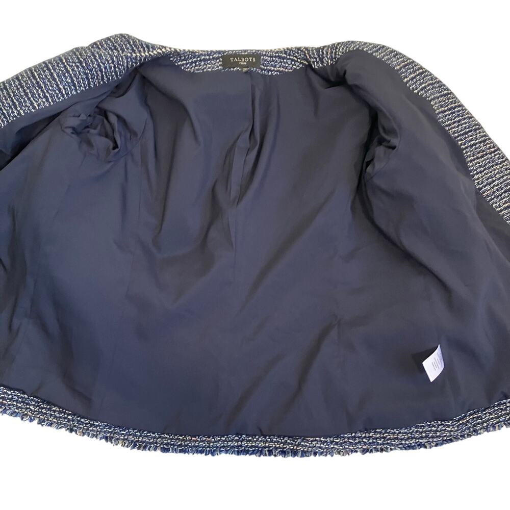 Talbots Sz 12Petite Airy Tweed Woven Jacket Open Front Fringe Trim Navy Classic - Picture 16 of 16